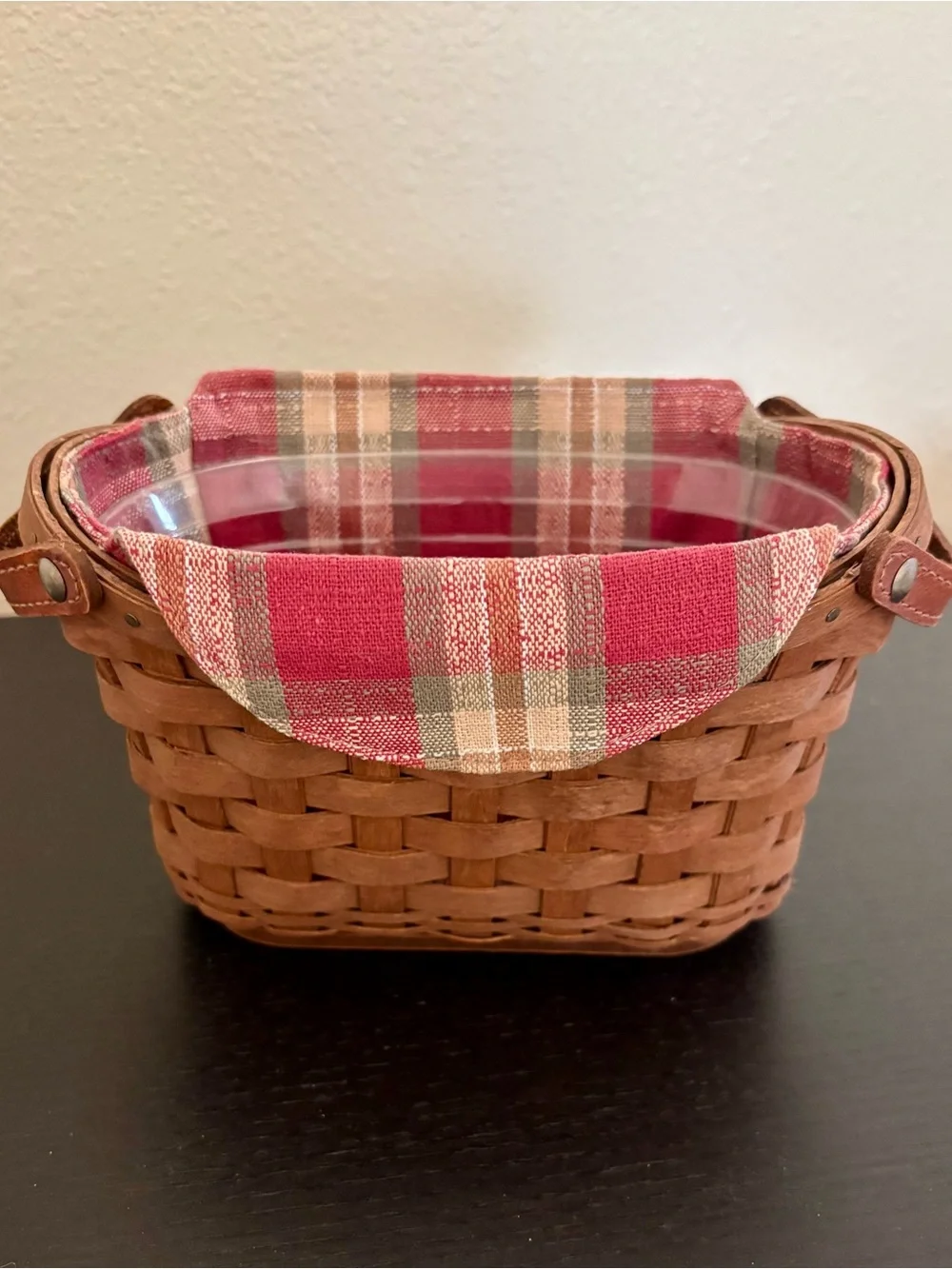 Longaberger Journal Basket, Orchard Park Plaid liner and Brown Leather Handles